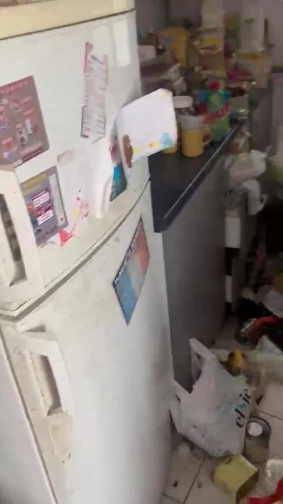Cuisine puis intérieur du réfrigérateur : denrées périmées, clayettes souillées.